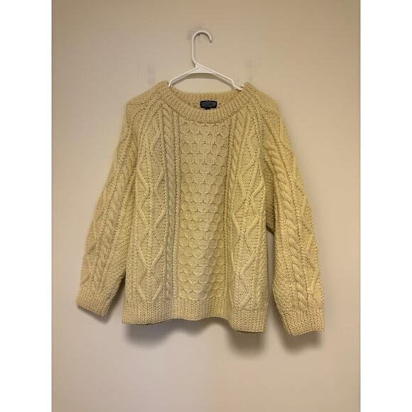 Lands End Vintage Cream Cableknit Sweater Medium 100% Wool - Picture 1 of 7